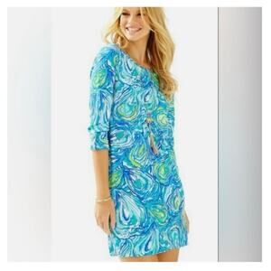 Lilly Pulitzer Linden Dress Oh Shucks Oyster Print Blue Green Size Medium
